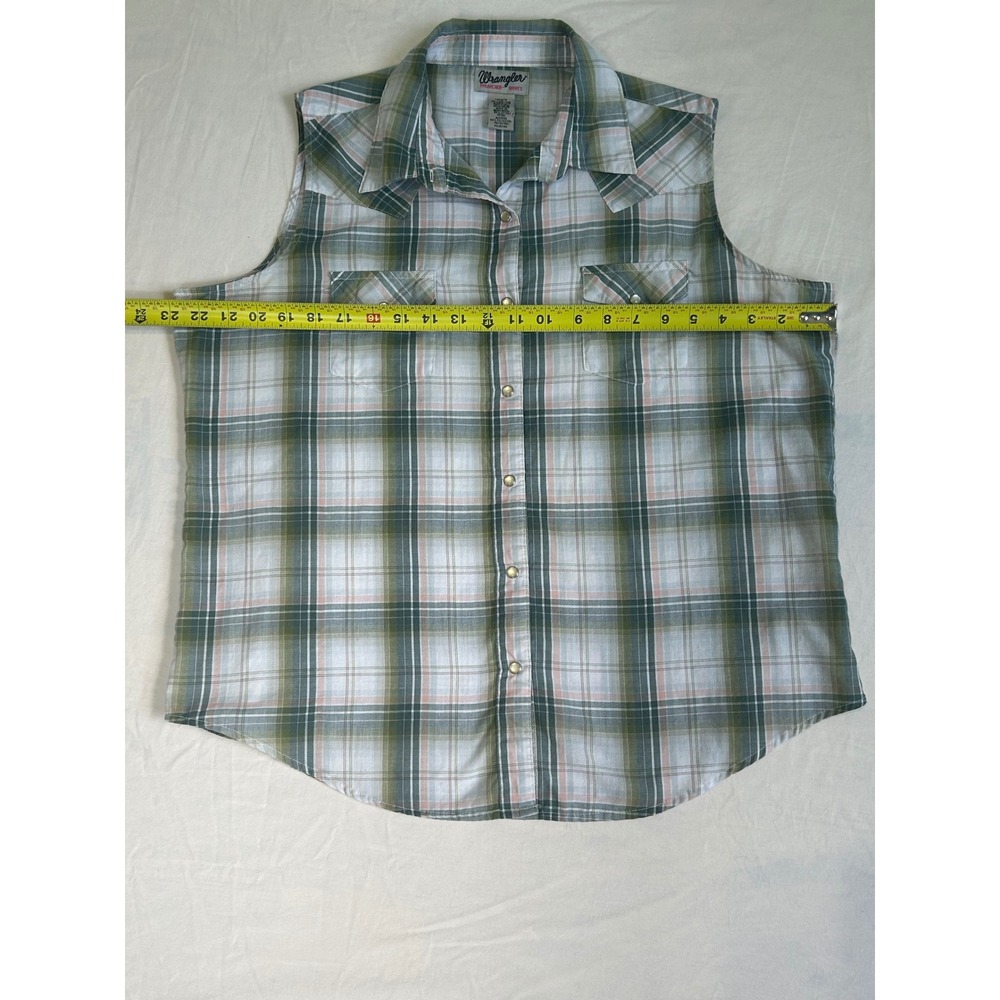 Wrangler Wrancher Womens XL Sleeveless Western Shirt Plaid Pearl Snap Green Pink - Picture 2 of 5